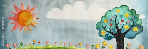 A simple watercolor painting of the sun, clouds, and a tree on a green hill 