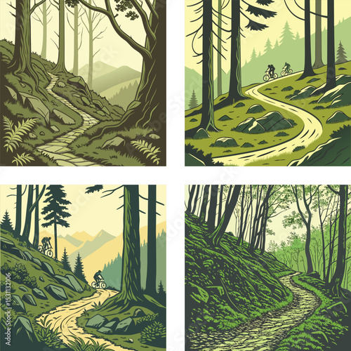 Mountain bike trail winding through alpine forests. 