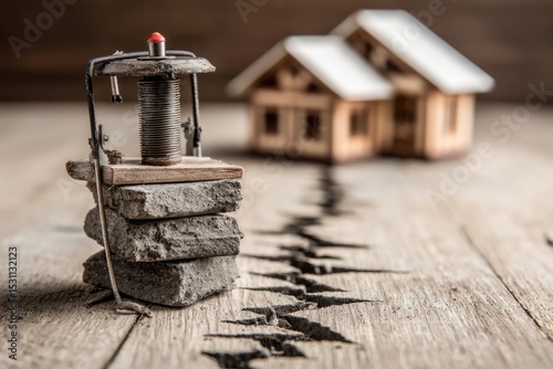 Miniature houses, a vintage-style device, and cracks on a rustic surface photo