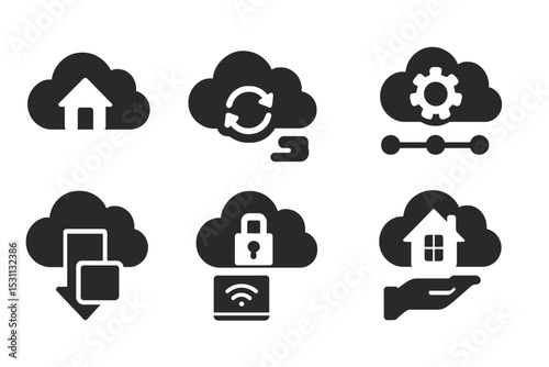 Cloud Connection Icons. Solid style icons of cloud connection: cloud home, data sync, remote access, online control. Solid style