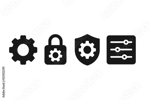 Settings Icons Collection. Solid style icons of settings: config gear, lock settings, control shield, preference panel. Solid