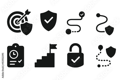 Cybersecurity Icons Collection. Solid style icons of cybersecurity goals: secure target, risk-free badge, audit path, protection