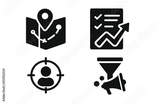 Tourism Strategy Icons. Solid style icons of tourism strategy: campaign map, plan flow, audience target, promotion funnel. Solid