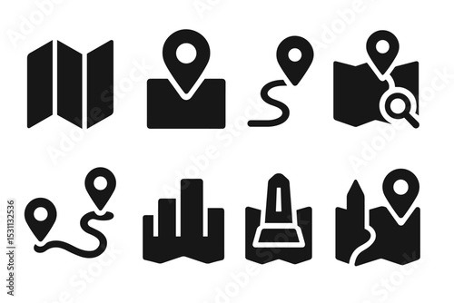 Travel Map Icons. Solid style icons of travel maps: folded map, travel pin, destination icon, zoom layer. Solid style of explore