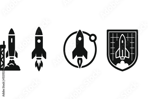 Solid Rocket Icons. Solid style icons of rockets: launch rocket, flame thrust, vertical liftoff, orbit trail. Solid style of
