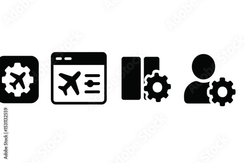 Travel Settings Icons. Solid style icons of travel settings: app gear, preference tab, booking settings, profile config. Solid