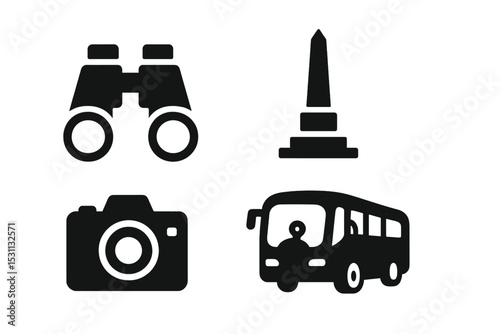Sightseeing Icons Collection. Solid style icons of sightseeing: binoculars, monument icon, camera photo, tour bus. Solid style of
