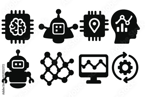 AI Space Exploration Icons. Solid style icons of AI in space: AI module, autonomous probe, smart nav chip, data analysis brain.