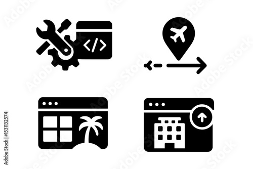 Tourism Development Icons. Solid style icons of tourism development: dev tools, API route, trip builder, feature update. Solid