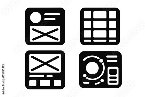 Solid Wireframe Icons. Solid style icons of wireframes: mission wireframe, interface grid, UI skeleton, orbital dashboard. Solid