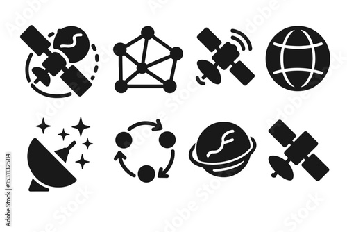 Space Network Icons. Solid style icons of space networks: satellite path, node mesh, comm relay, orbital grid. Solid style of data