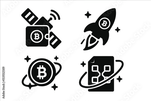Crypto in Space Icons. Solid style icons of crypto in space: satellite wallet, mission token, space coin, blockchain pass. Solid