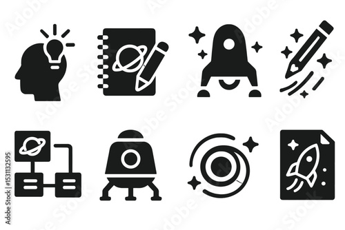Space Creativity Icons. Solid style icons of space creativity: inspiration spark, idea sketch, concept stars, design trail. Solid