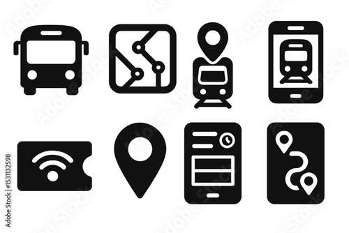 Public Transport Icons. Solid style icons of public transport: bus icon, subway map, tram tracker, train app. Solid style of smart
