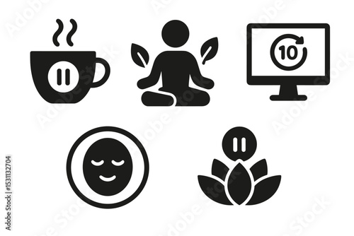 Mindful Break Icons. Solid style icons of mindful break reminders: tea cup with pause icon, person resting with leaves, screen