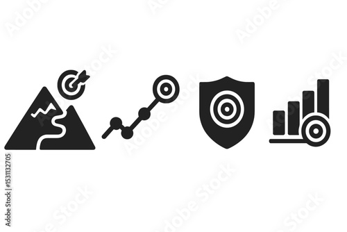Goal Tracking Icons. Solid style icons of goal tracking: achievement path, progress line, mission badge, steps chart. Solid style