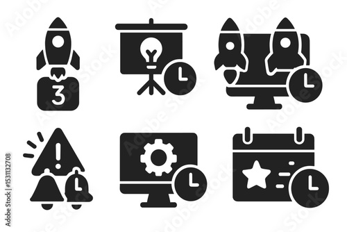 Startup Deadline Icons. Solid style icons of startup deadlines: launch countdown, pitch time, MVP delivery, investor timer. Solid