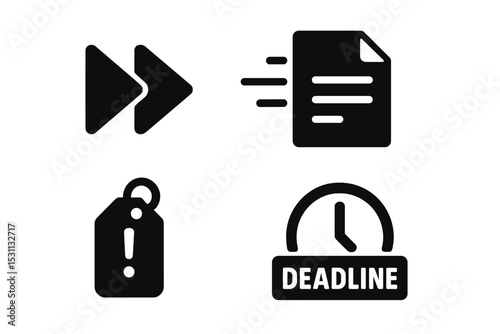 Urgent Task Icons. Solid style icons of urgent task handling: fast forward icon, rush document, high priority tag, deadline stamp.