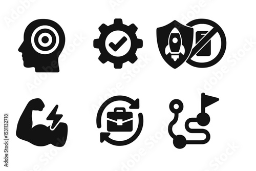Productivity Tools Icons. Solid style icons of productivity tools: focus icon, efficiency gear, boost badge, no distractions zone.