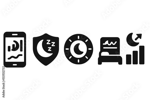 Sleep Analytics Icons. Solid style icons of sleep analytics: mobile app with sleep stats, sleep quality indicator, hour-based