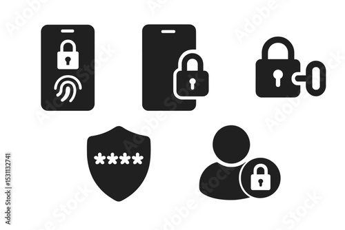 Phone Security Icons. Solid style icons of phone lock: screen lock with fingerprint scanner, mobile encryption symbol, lock and