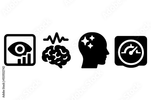 Focus Tracking Icons. Solid style icons of attention score: eye with progress bars, brainwave attention icon, head with sparkles,