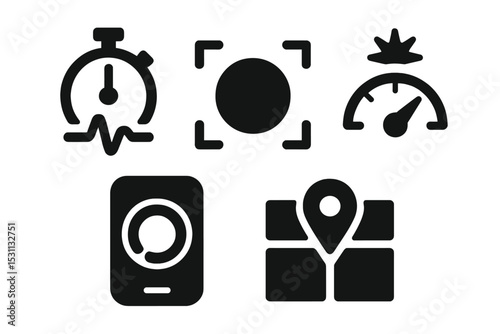 Digital Focus Icons. Solid style icons of digital focus and flow tools: task timer with pulse, digital focus circle, flow meter