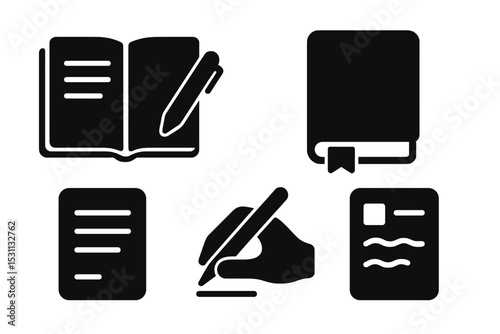 Solid Journal Icons. Solid style icons of journaling tool: open notebook with pen, diary with bookmark, daily journal entry,