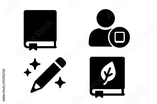 Journaling Tools Icons. Solid style icons of journaling tool: diary with ribbon bookmark, user with journal badge, journal with