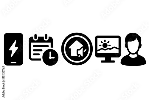 Mindful Remote Work Icons. Solid style icons of mindful remote work spaces: app with energy tracker, work session planner, quiet
