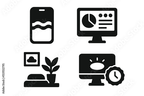 Digital Calm Icons. Solid style icons of digital calm spaces: mobile app with soothing waves, clean UI dashboard, mindfulness
