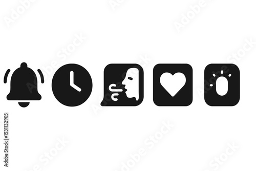 Mindful Digital Icons. Solid style icons of digital mindfulness reminders: gentle notification icon, timer with soft edges,