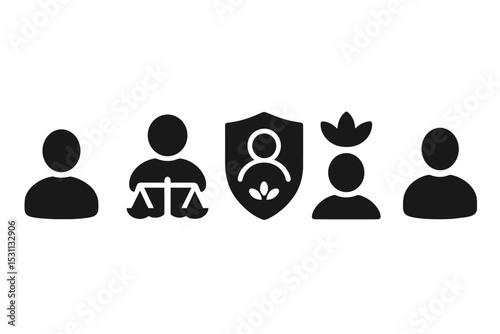 Peaceful User Icons. Solid style icons of peaceful user profiles: avatar with glow ring, profile with balance symbol, peaceful