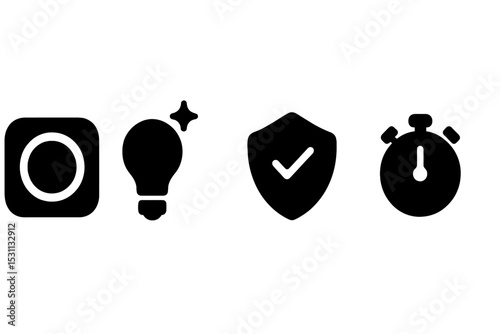Focus Booster Icons. Solid style icons of gentle focus boosters: app with soft focus ring, light spark icon, peaceful productivity