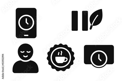 Mindful Work Break Icons. Solid style icons of mindful work breaks: relaxation timer app, pause reminder with leaf, peaceful user