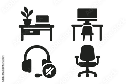 Quiet Workspace Icons. Solid style icons of quiet workspace essentials: tidy desk with plant, minimal office layout, headphones