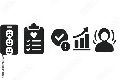 Wellness Check-In Tools. Solid style icons of wellness check-in tools: app with mood meter, health check panel, check-in alert