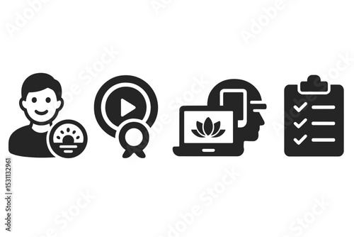 Digital Focus Rituals Icons. Solid style icons of digital focus rituals: user with morning routine badge, focus timer with ritual