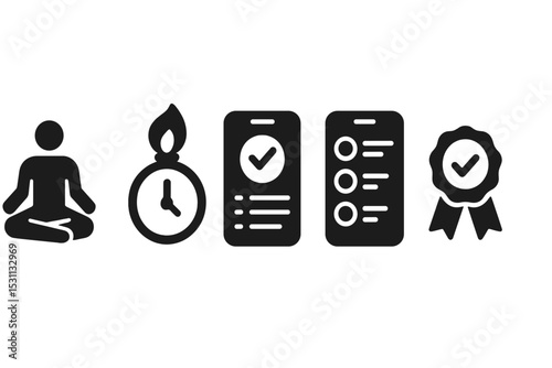 Mindful Digital Icons. Solid style icons of mindful digital routines: daily ritual icon, calm habit timer, app with routine goals,