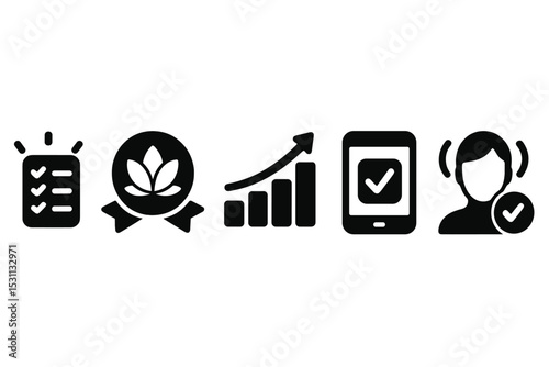 Mindful Task Icons. Solid style icons of mindful task management: task list with glow, calm workflow badge, task progress graph,