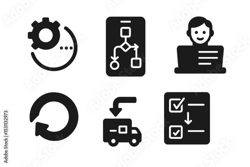 Mindful Workflow Automation. Solid style icons of mindful workflow automation: task automation progress, app with automation flow,
