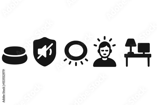 Peaceful Focus Icons. Solid style icons of peaceful focus zones: meditation cushion icon, quiet environment badge, soft glow focus