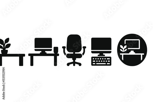 Minimalist Workspace Icons. Solid style icons of calm workspace layouts: tidy desk with plant, minimal office setup, ergonomic