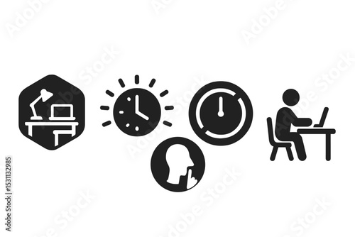 Quiet Digital Productivity. Solid style icons of quiet digital productivity: calm workspace badge, soft glow timer,