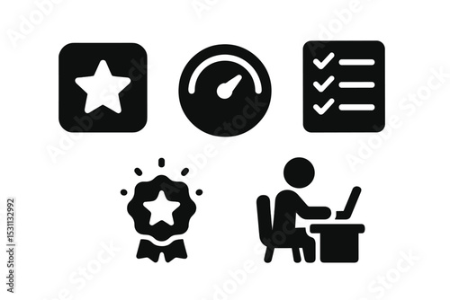 Serene Productivity Icons. Solid style icons of serene digital focus: app with motivation star, calm progress meter, focused task