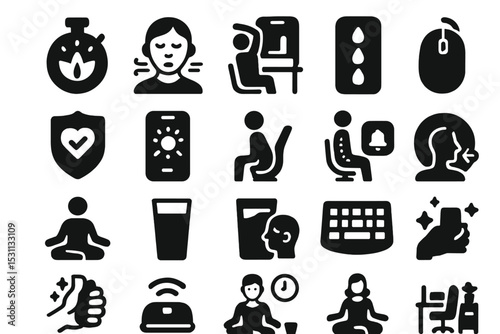 Remote Wellness Icons. Solid style icons of remote wellness practices: meditation timer, mindful breathing, desk stretch, water