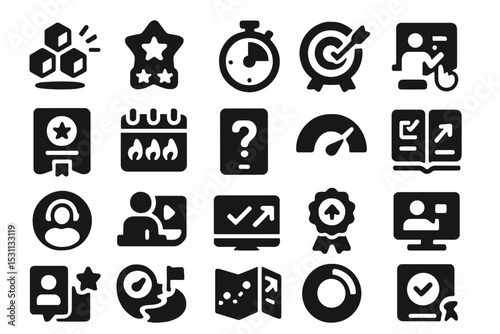 Personalized Learning Icons. Solid style icons of personalized learning journeys: adaptive curriculum icon, skill badge with stars