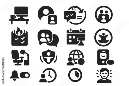 Hybrid Work-Life Balance Icons. Solid style icons of hybrid work life balance: remote desk setup, video call badge, flexible task