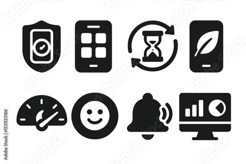 Digital Wellness Icons. Solid style icons of digital wellness trackers: screen time badge, app usage icon, focus timer symbol,
