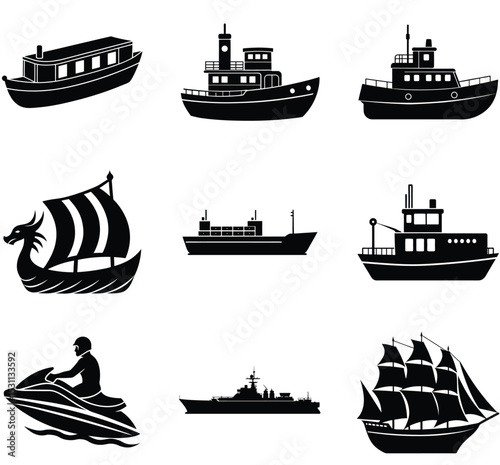 Boat and Ship Set – Vector Silhouette Collection Featuring Sailboats, Cargo Ships, Fishing Boats, Cruise Liners, and Marine Vessels for Nautical Themes

